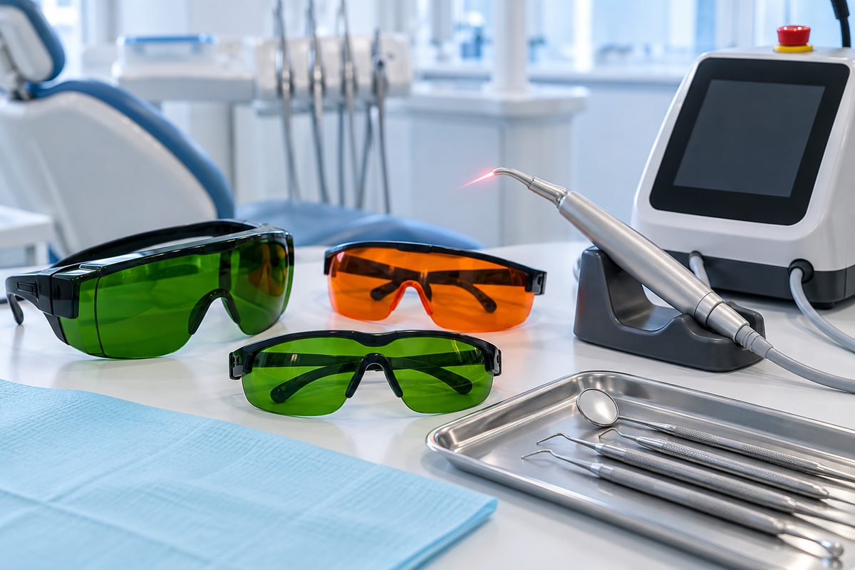 Minh họa an toàn laser nha khoa, kính bảo hộ và quy định cần biết