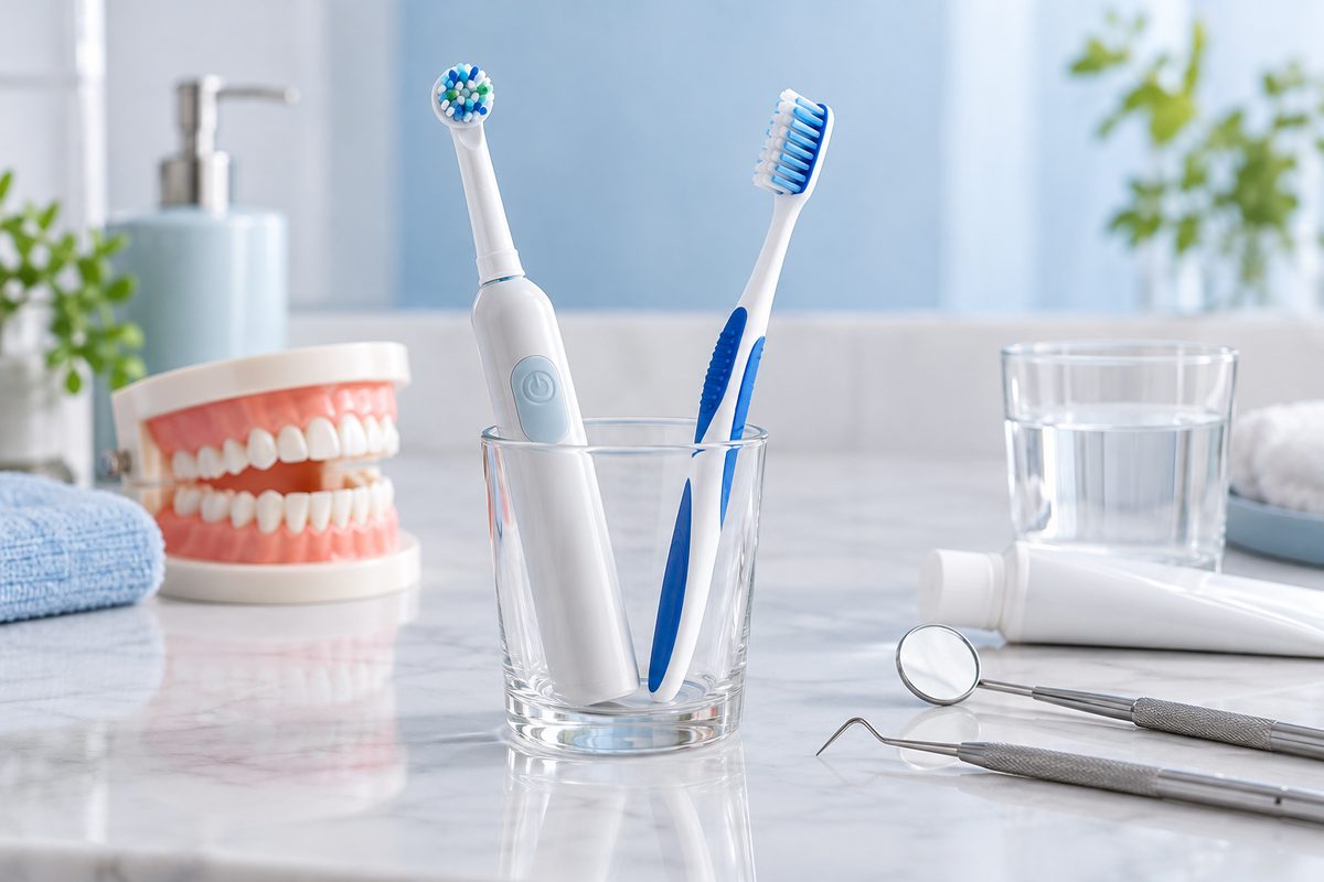 Minh họa bàn chải điện và bàn chải thường, loại nào sạch hơn