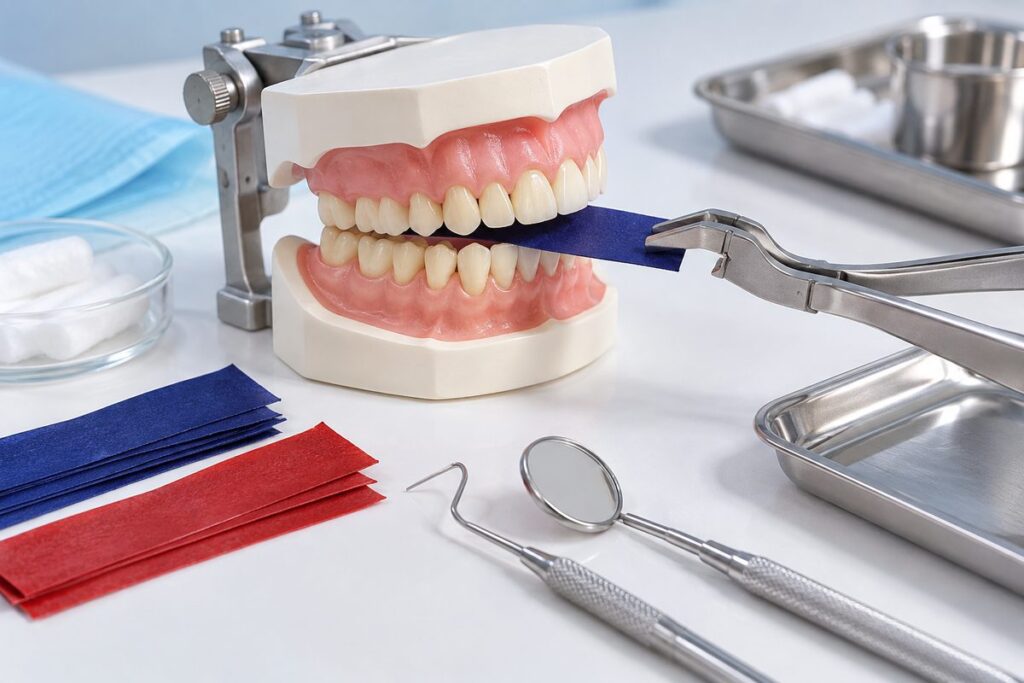 Minh họa cách dùng giấy cắn kiểm tra khớp cắn cho chính xác