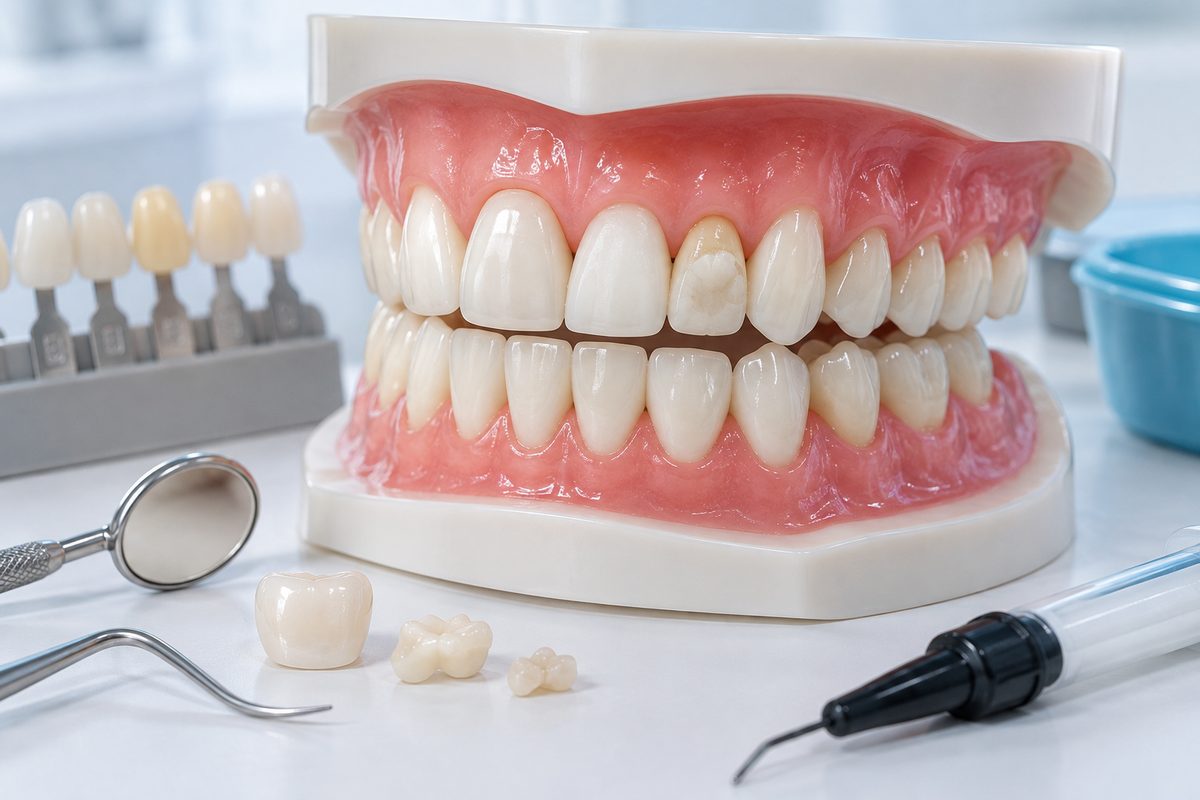 Minh họa răng có mão sứ, miếng trám