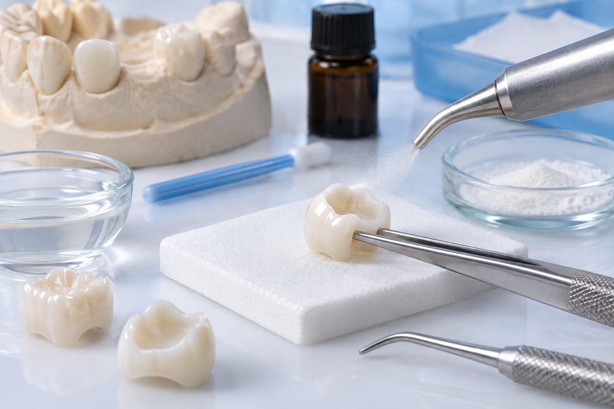 Minh họa xử lý bề mặt zirconia trước khi gắn