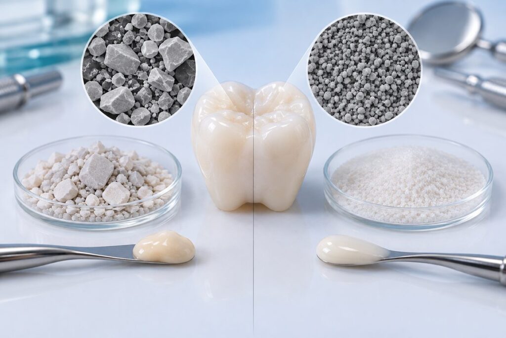 Minh họa composite nanofill và hybrid khác nhau ở điểm nào