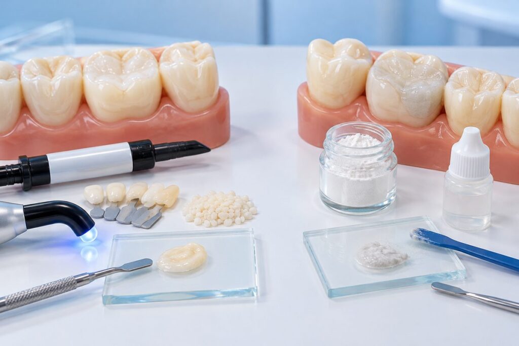 Minh họa composite và GIC trám răng, chọn vật liệu nào cho từng ca