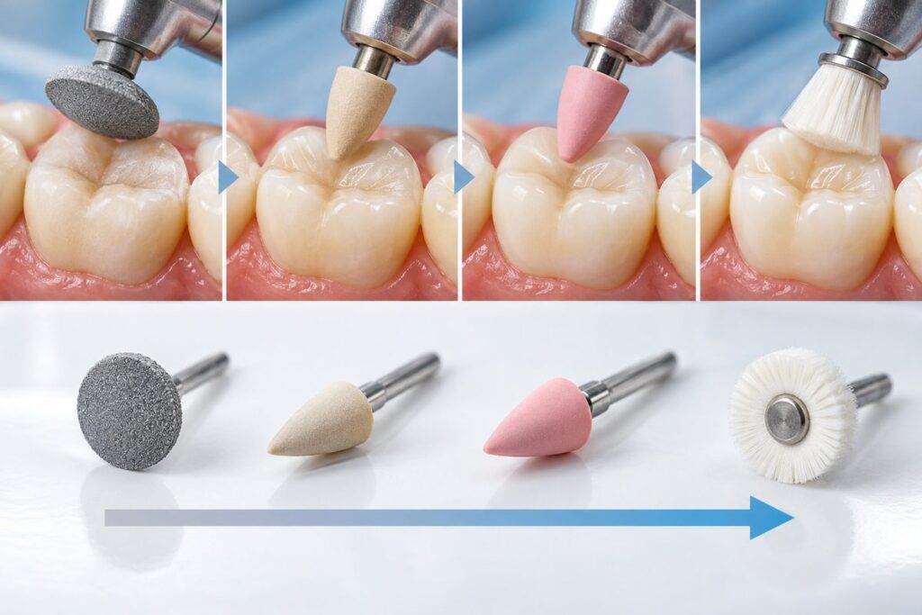 Minh họa đánh bóng composite sau trám, thứ tự mũi từ thô đến mịn