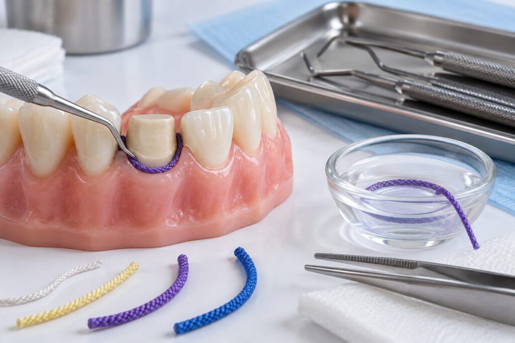 Minh họa đặt chỉ co nướu trước khi lấy dấu sao cho an toàn