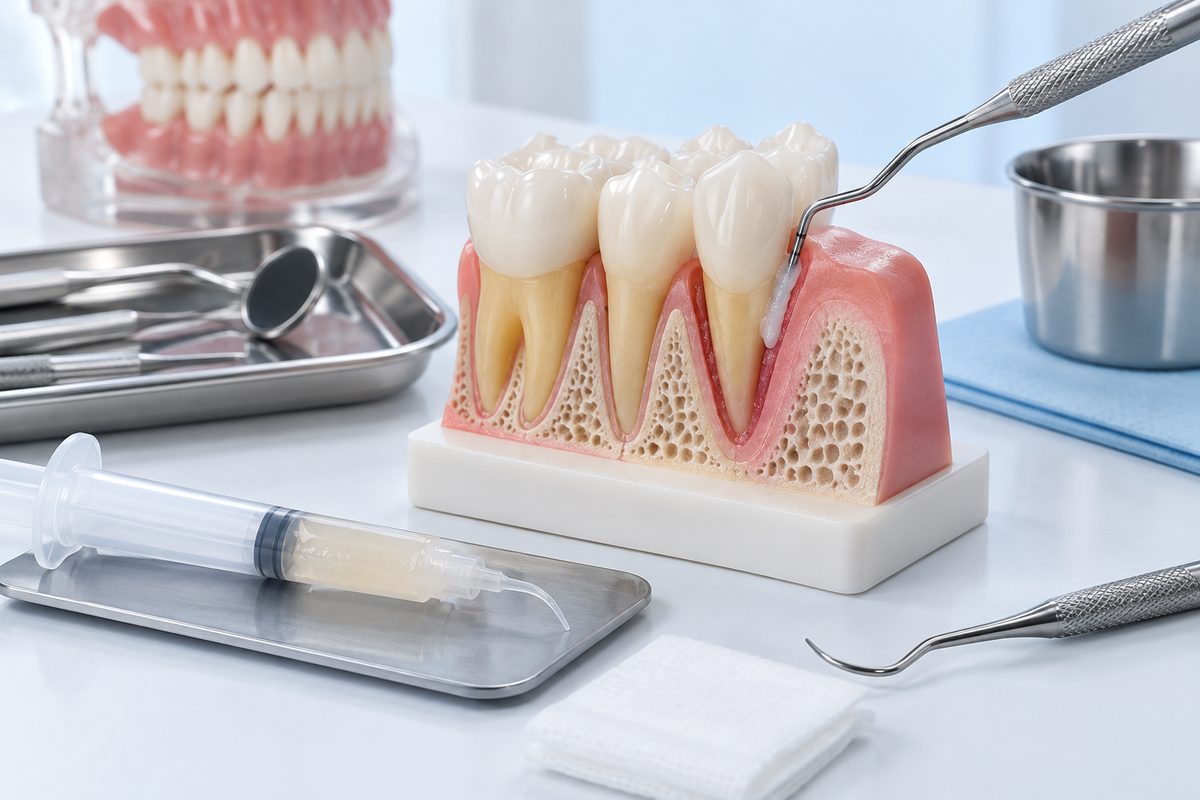 Minh họa gel điều trị viêm nha chu, thành phần và cách đặt