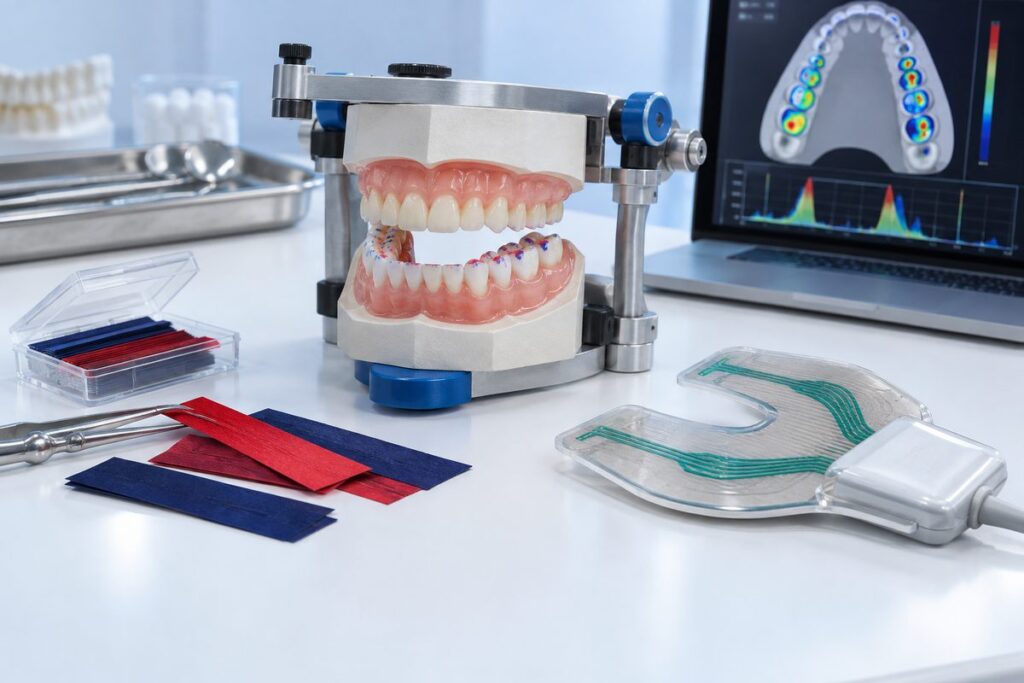 Minh họa giấy cắn và T-Scan, cách nào đo khớp cắn chính xác hơn