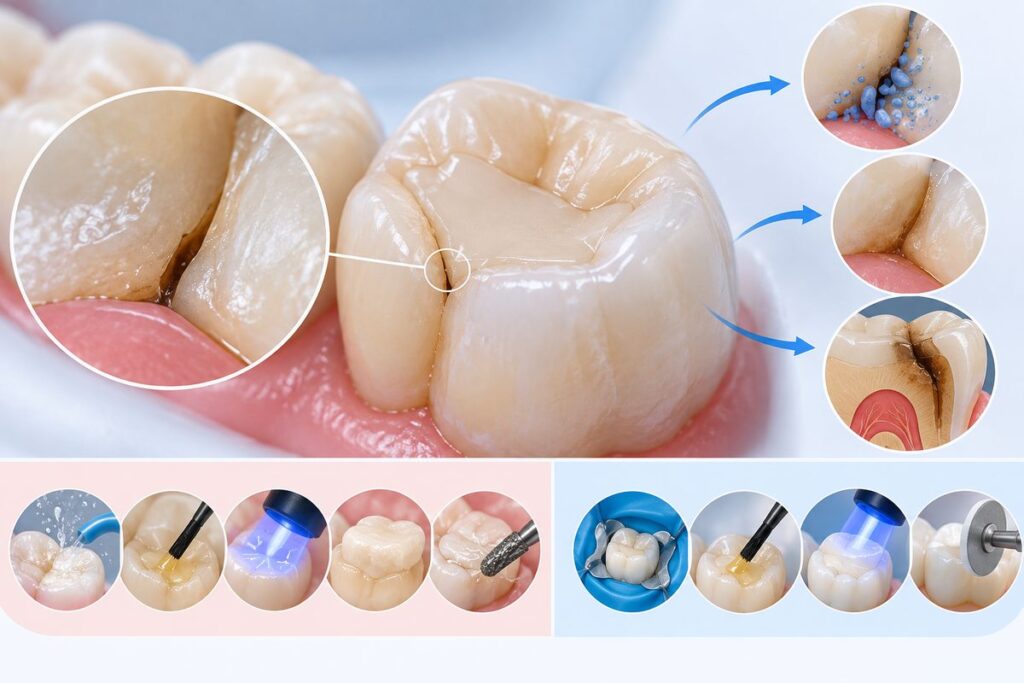Minh họa hở bờ miếng trám composite, nguyên nhân và cách phòng tránh
