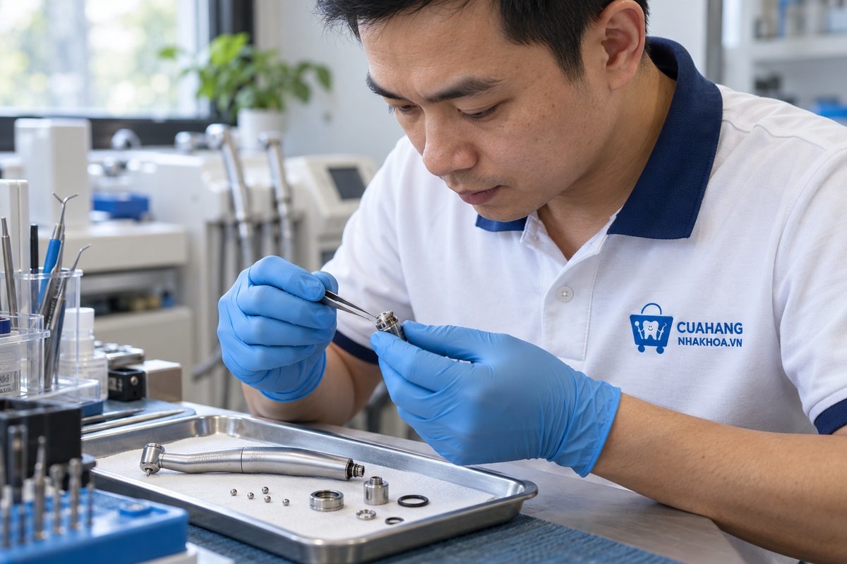 Minh họa kỹ thuật viên kiểm tra cartridge và bạc đạn của tay khoan nha khoa
