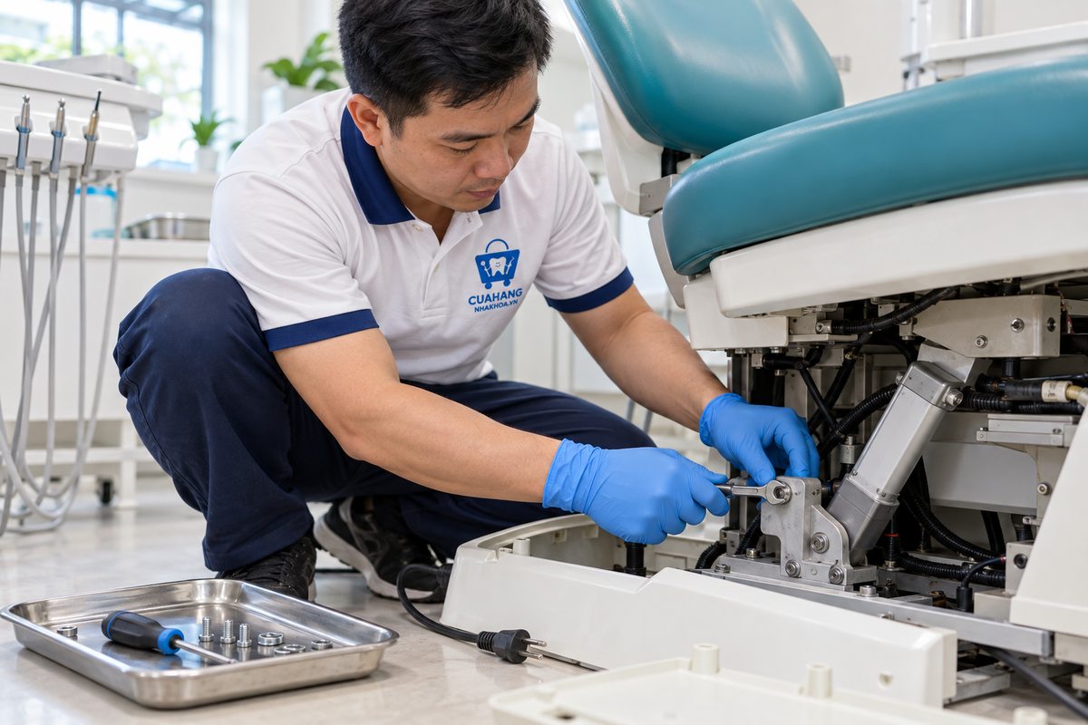 Kiểm tra cơ cấu nâng hạ ghế nha khoa Kỹ thuật viên kiểm tra cơ cấu nâng hạ tại chân đế ghế nha khoa đã ngắt nguồn