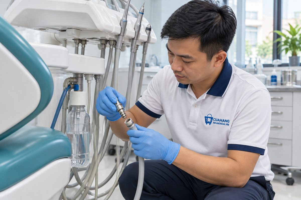 Kỹ thuật viên kiểm tra ống dây và bình cấp nước bên ghế nha khoa