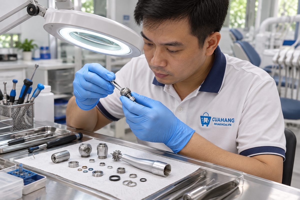 Kỹ thuật viên kiểm tra cartridge tay khoan bằng nhíp dưới kính lúp