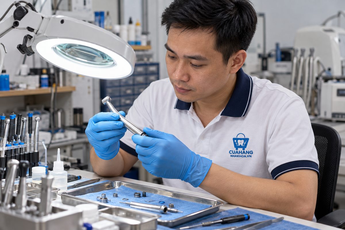 Minh họa kỹ thuật viên mặc áo logo Cửa Hàng Nha Khoa kiểm tra tay khoan dưới đèn kính lúp