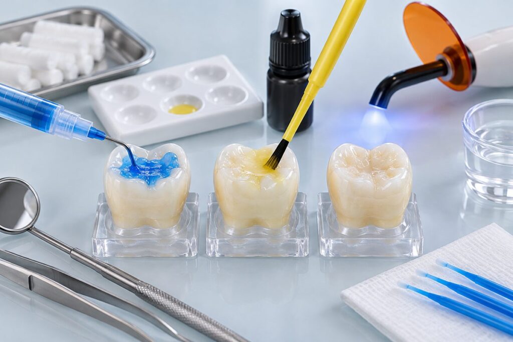 Minh họa kỹ thuật dán với universal bond ở ba chế độ etching