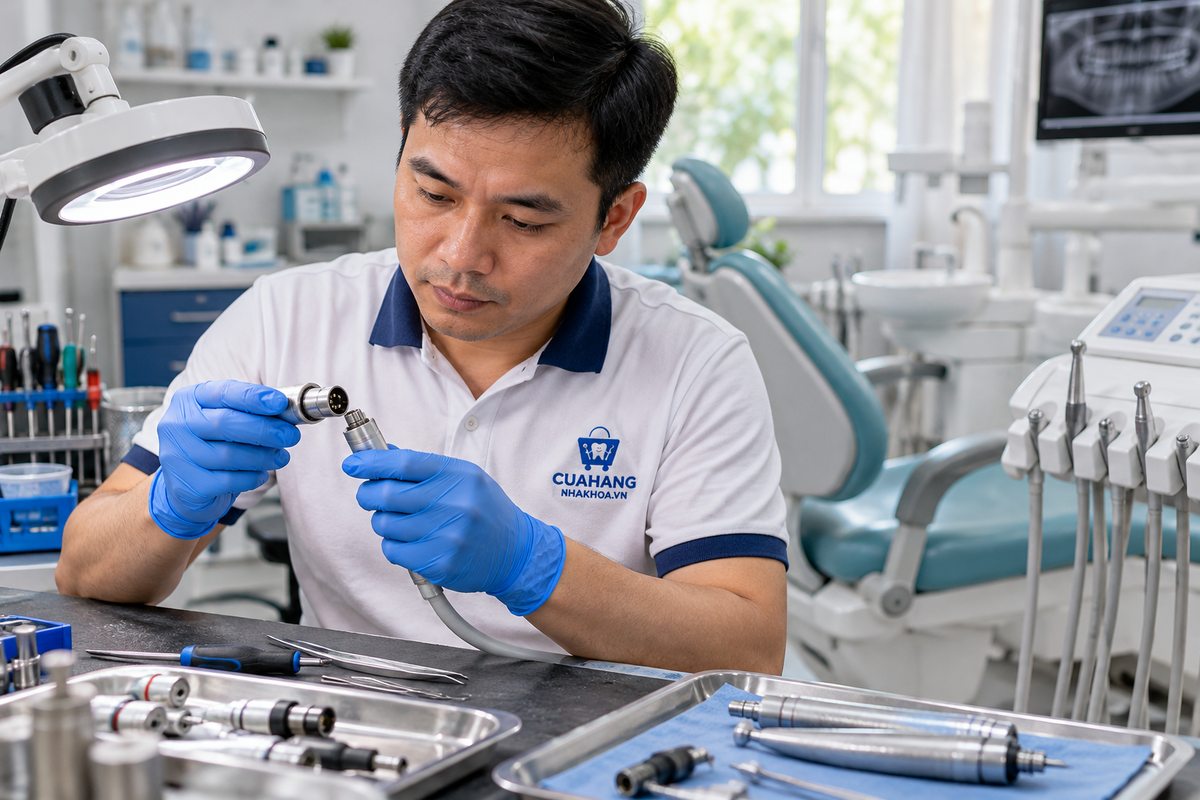 Kỹ thuật viên áo logo cửa hàng kiểm tra đầu nối thiết bị nha khoa