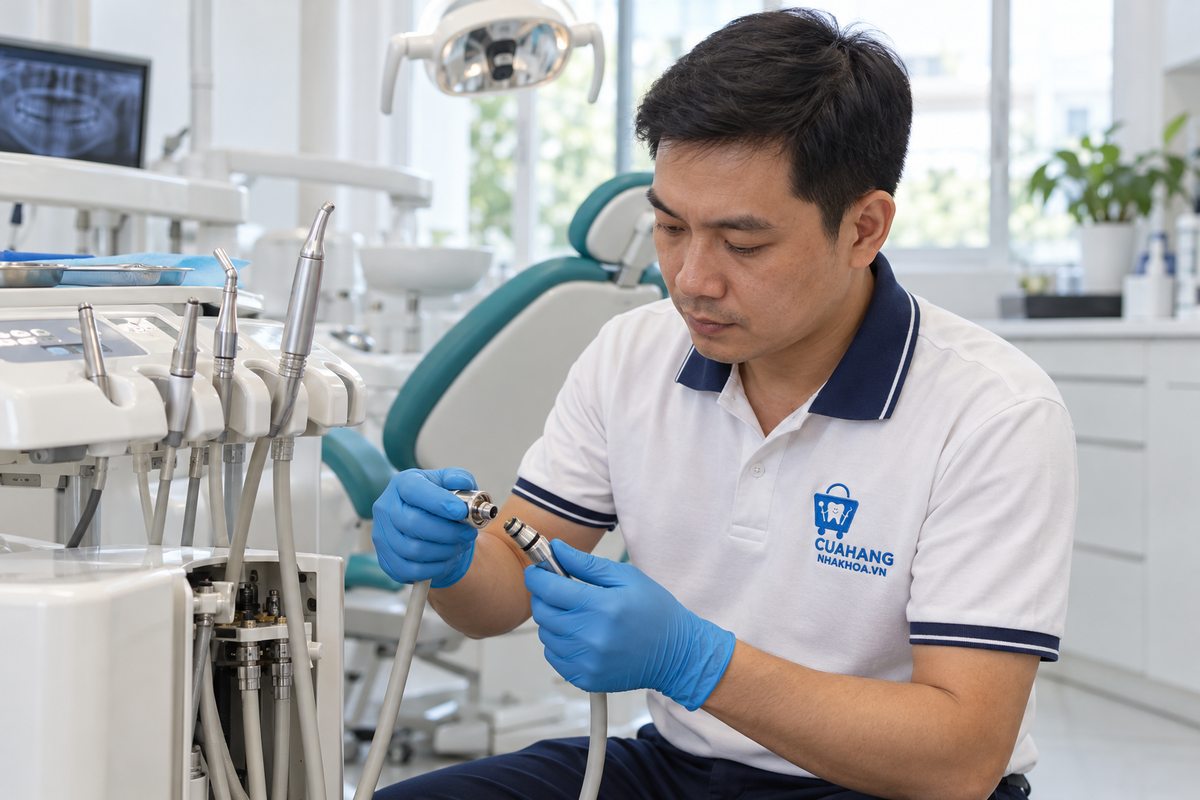 Kỹ thuật viên kiểm tra ghế nha khoa Kỹ thuật viên kiểm tra đầu nối và ống dây bên hông ghế nha khoa