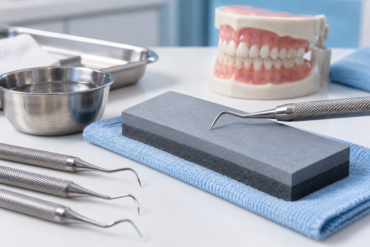 Minh họa mài sắc cây cạo vôi tay đúng kỹ thuật