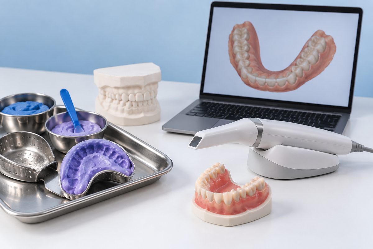 Minh họa máy scan trong miệng và lấy dấu truyền thống, chọn cách nào