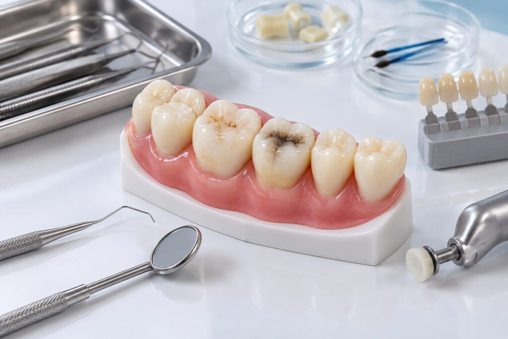 Minh họa miếng trám răng bị ố đổi màu, nguyên nhân và hướng xử lý