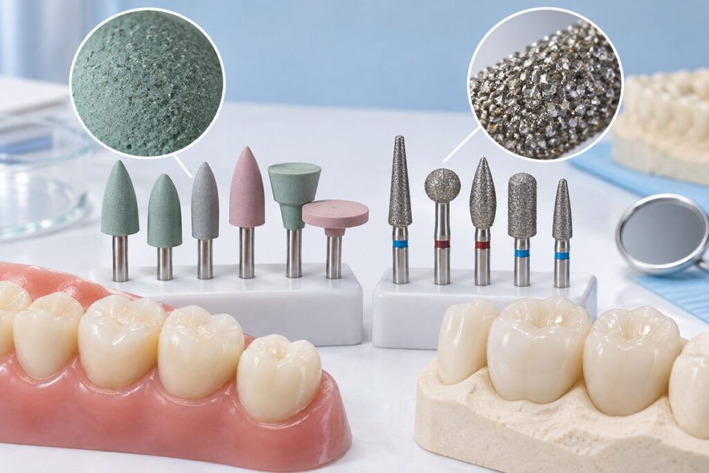 Minh họa mũi đánh bóng silicone và kim cương, khi nào dùng loại nào