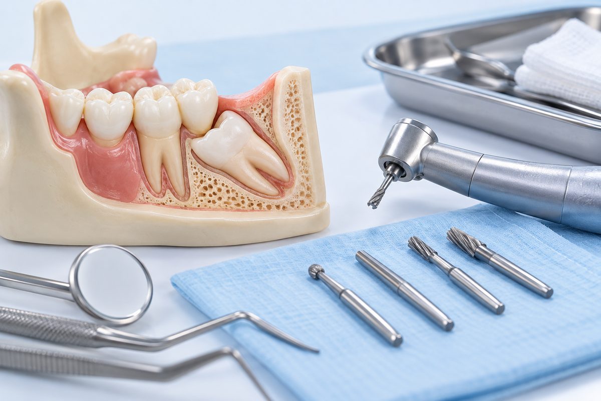 Minh họa mũi khoan cắt xương, chia chân răng khi nhổ răng khôn
