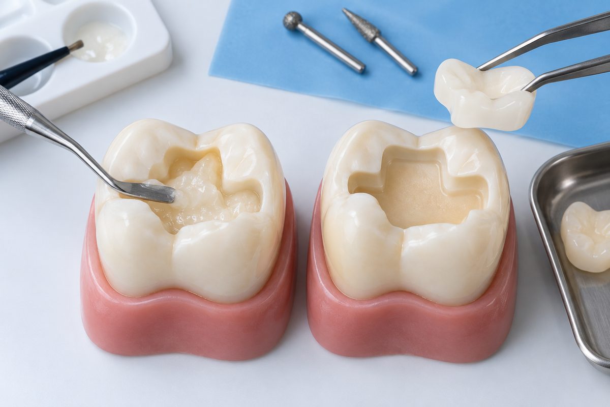 Minh họa hốc inlay onlay khác hốc trám trực tiếp thế nào
