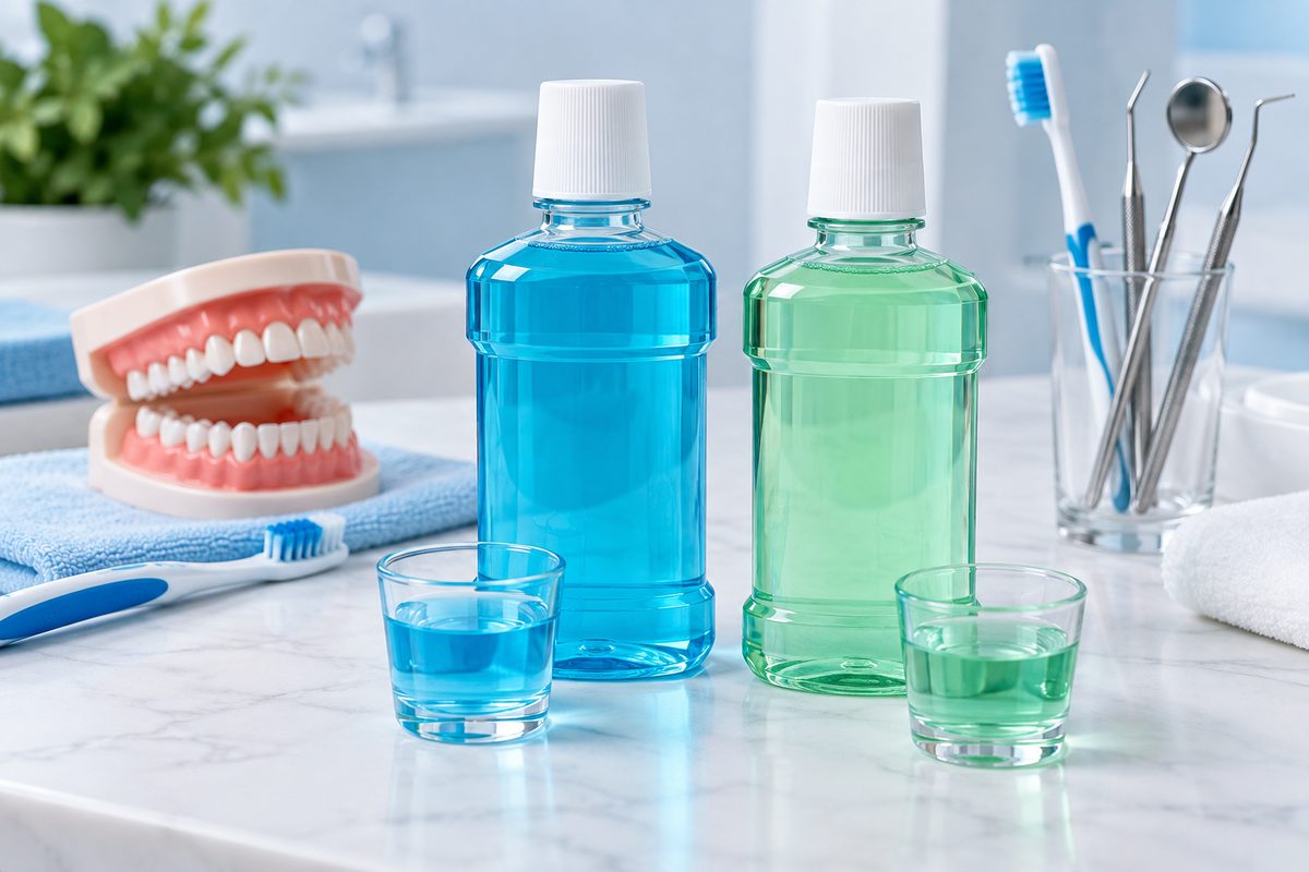 Minh họa nước súc miệng có cồn và không cồn, nên chọn loại nào