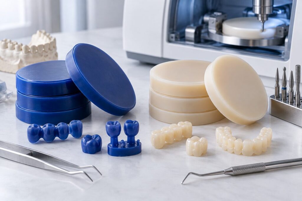 Minh họa phôi sáp và phôi PMMA CAD/CAM dùng làm gì trong labo