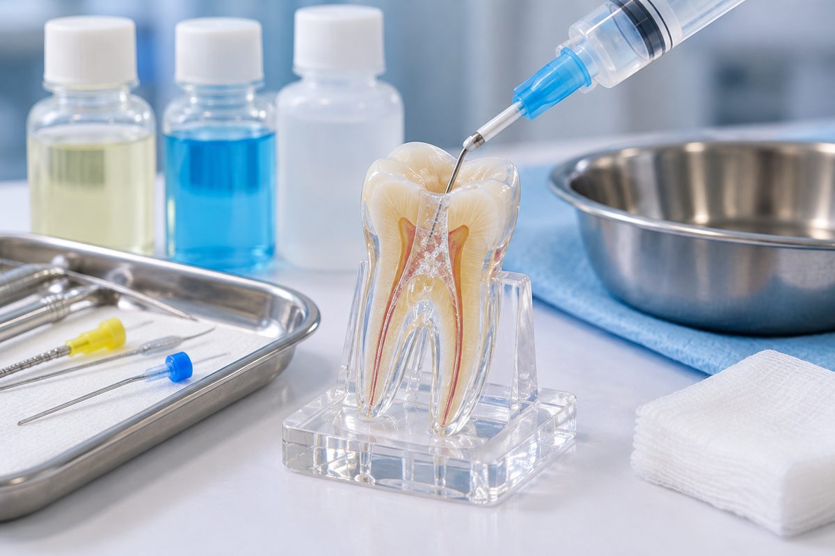 Minh họa bơm rửa và sát khuẩn ống tủy