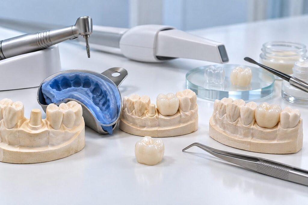 Minh họa quy trình làm mão răng sứ từ mài cùi đến gắn vĩnh viễn