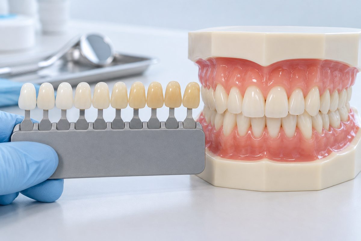 Bảng so màu đặt cạnh mô hình răng để minh họa chọn màu composite