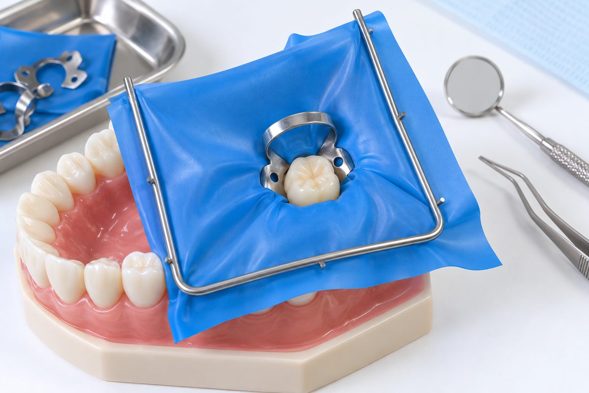 Mô hình răng được cách ly bằng đê cao su và kẹp nha khoa
