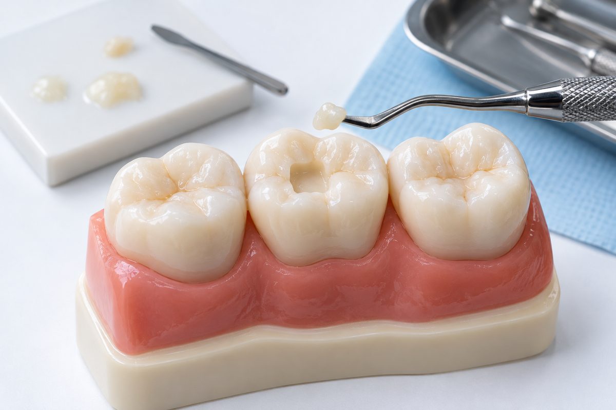 Dụng cụ đưa lượng nhỏ composite lên mô hình răng minh họa đặt vật liệu theo lớp
