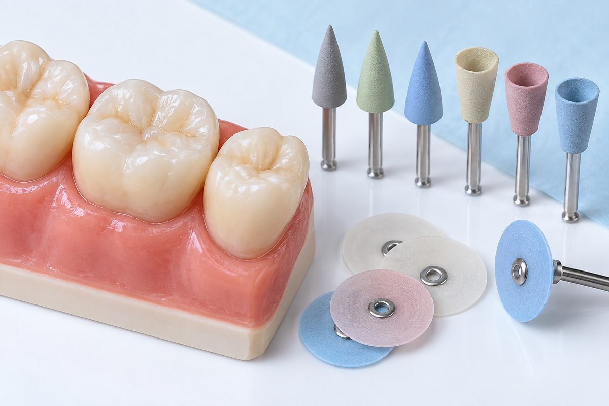 Mô hình răng đã phục hồi cạnh mũi và đĩa đánh bóng composite