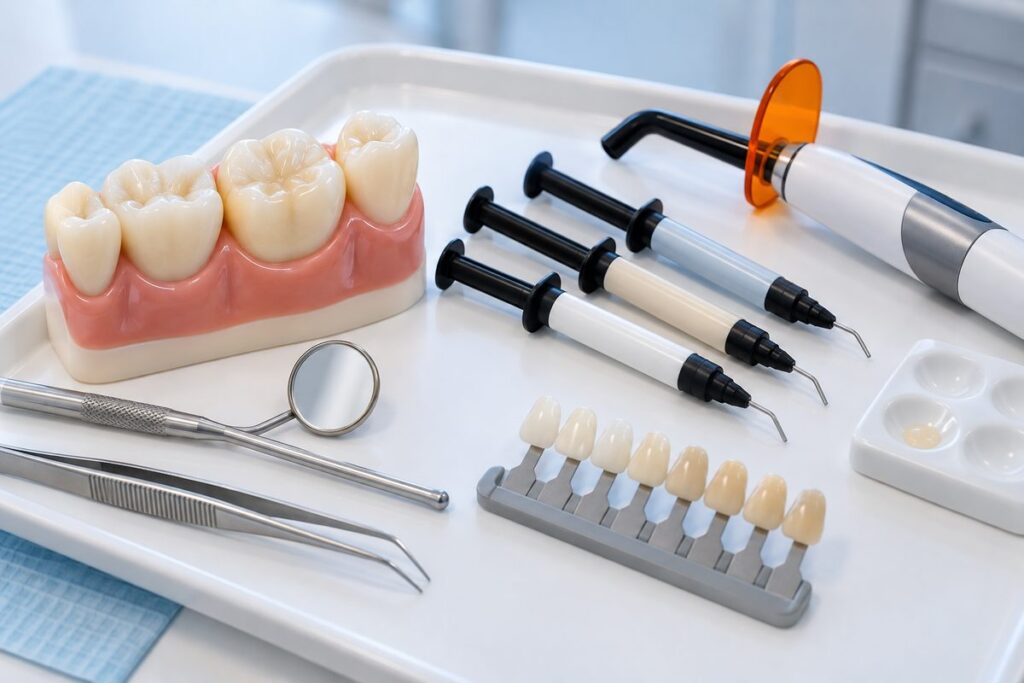 Mô hình răng và bộ vật liệu, dụng cụ trám composite trên khay
