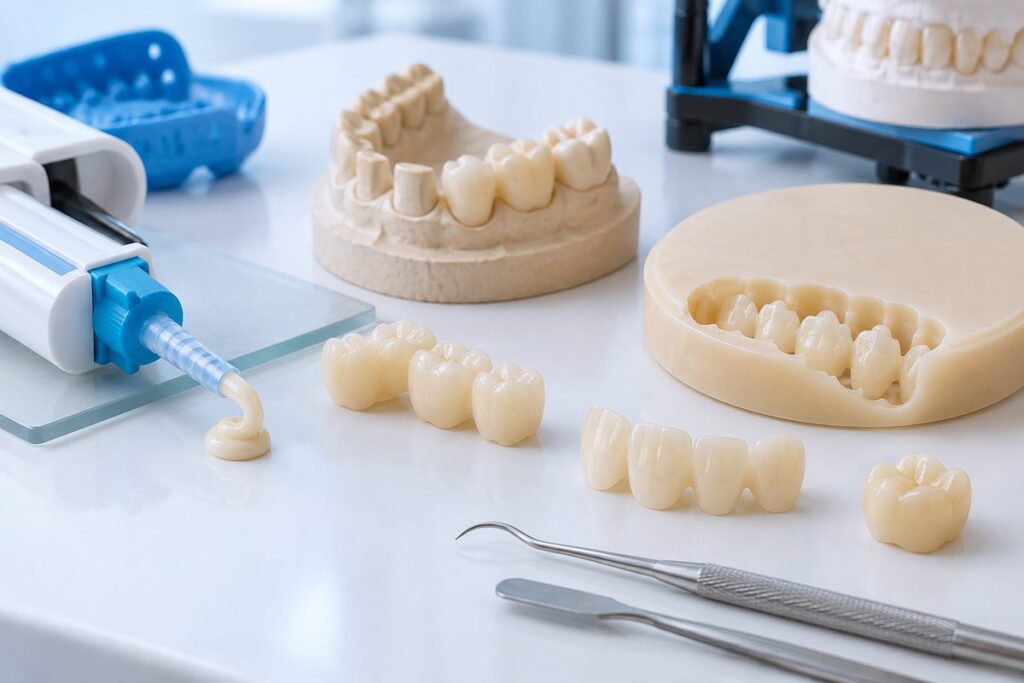 Minh họa răng tạm bis-acryl và PMMA, nên chọn vật liệu nào