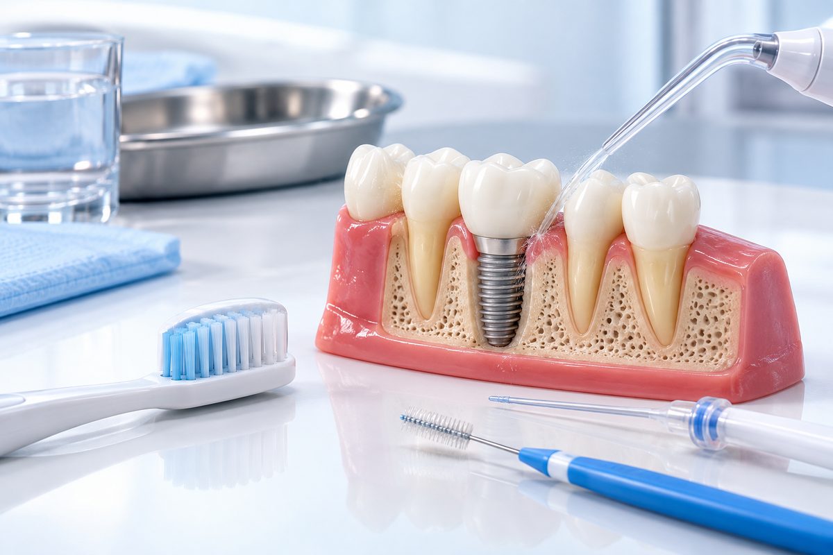 Minh họa vệ sinh quanh implant và phục hình trên implant