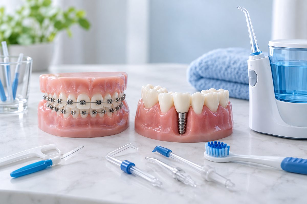 Minh họa tăm nước cho người niềng răng và cấy ghép implant