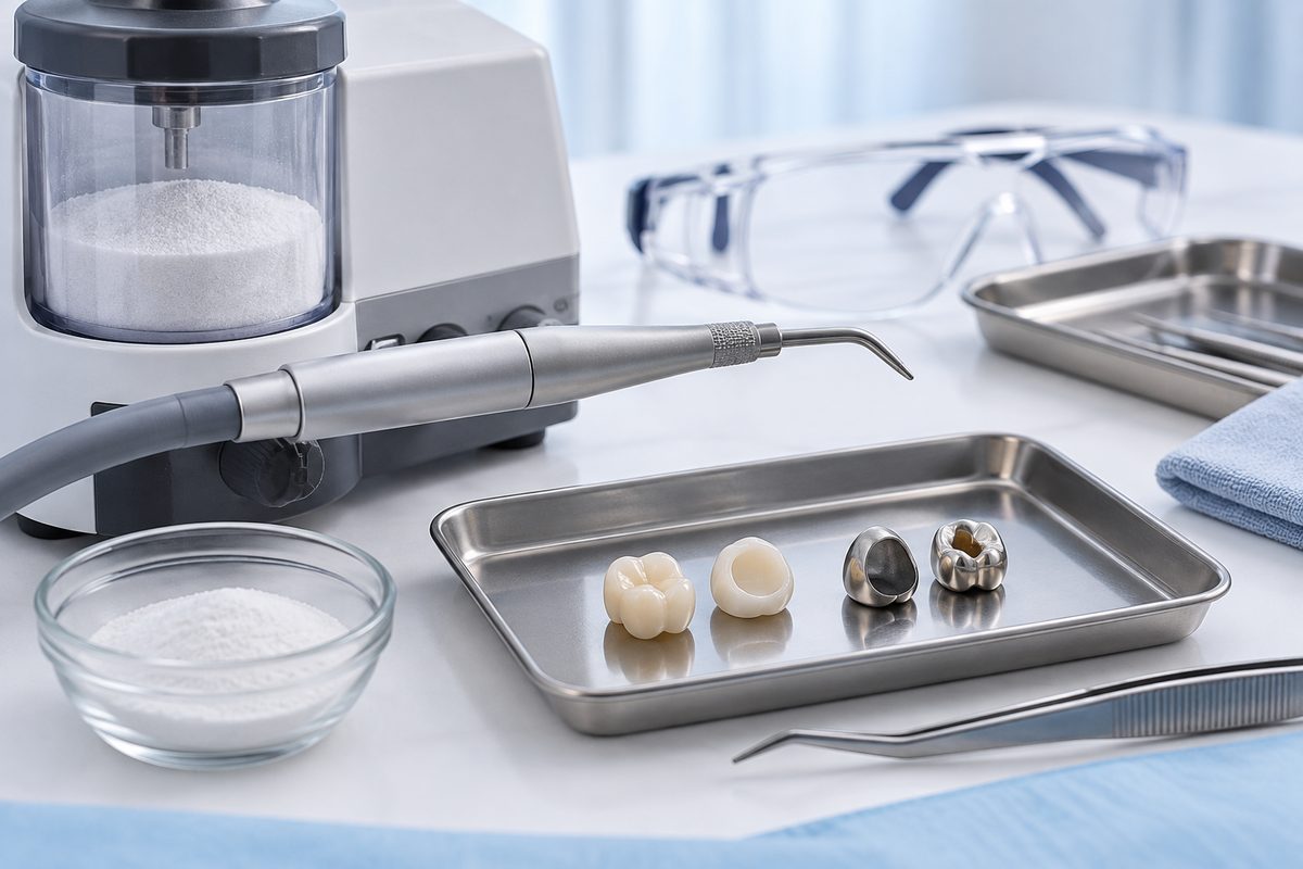 Minh họa thổi cát trước khi dán, xử lý bề mặt zirconia và kim loại