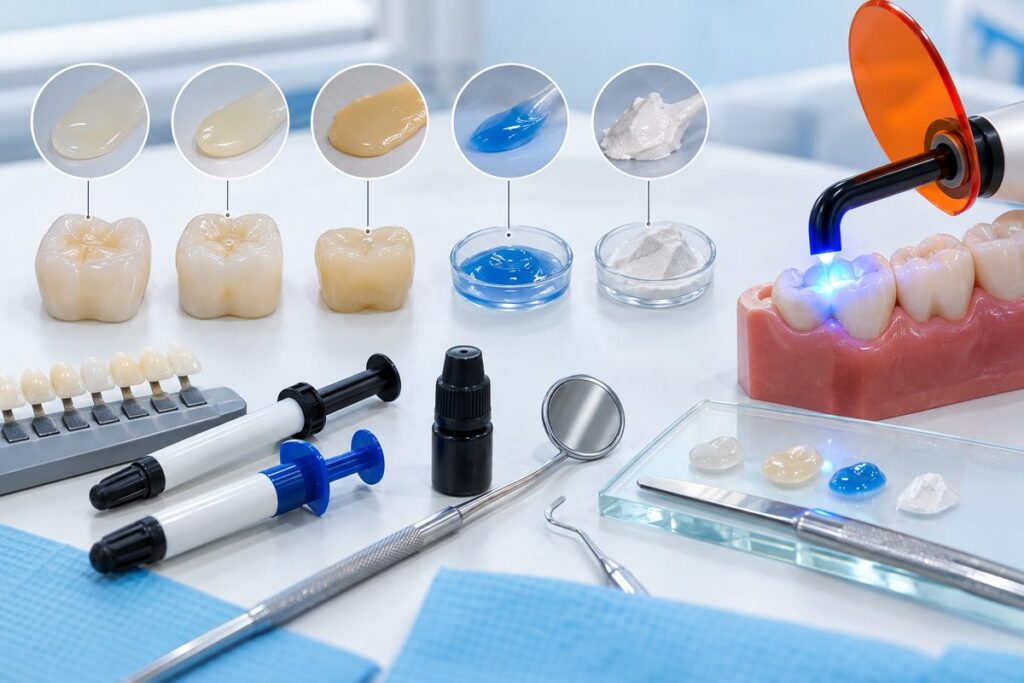 Minh họa thời gian chiếu đèn quang trùng hợp cho từng loại vật liệu