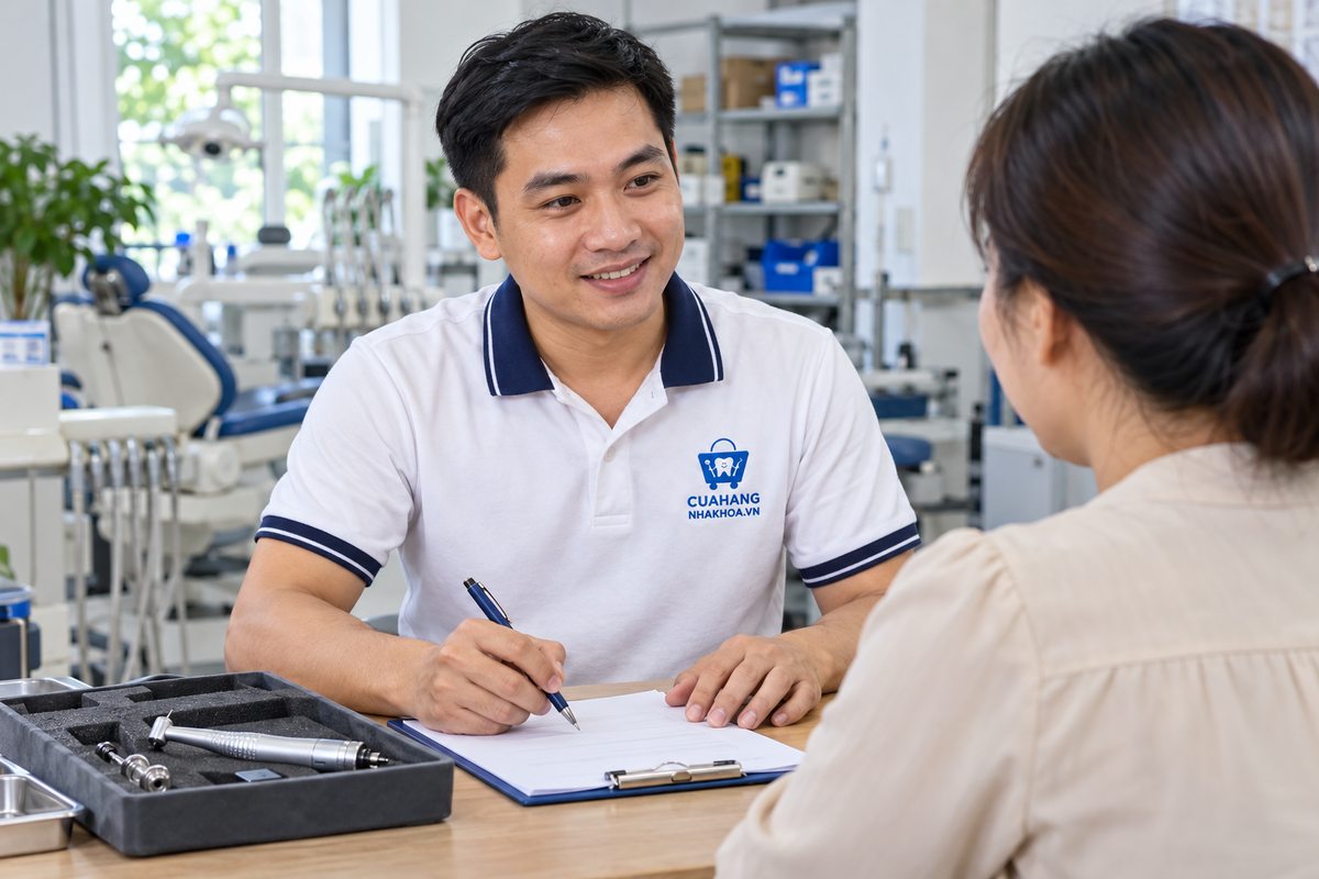 Nhân viên áo logo Cửa Hàng Nha Khoa tiếp nhận tay khoan và ghi tình trạng thiết bị