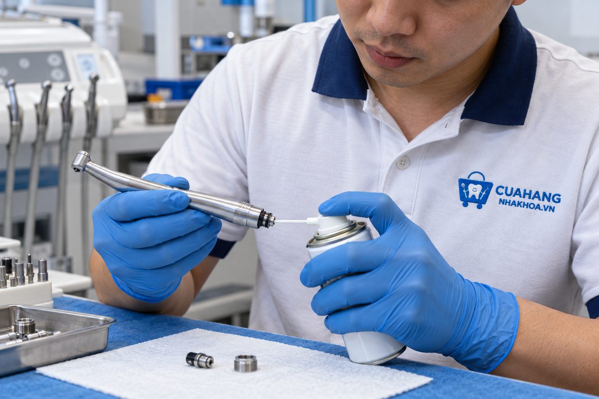 Minh họa nhân viên mặc áo logo Cửa Hàng Nha Khoa tra dầu qua đầu nối sau tay khoan