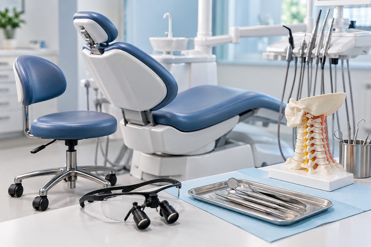 Minh họa tư thế làm việc của nha sĩ để giảm đau cổ vai gáy