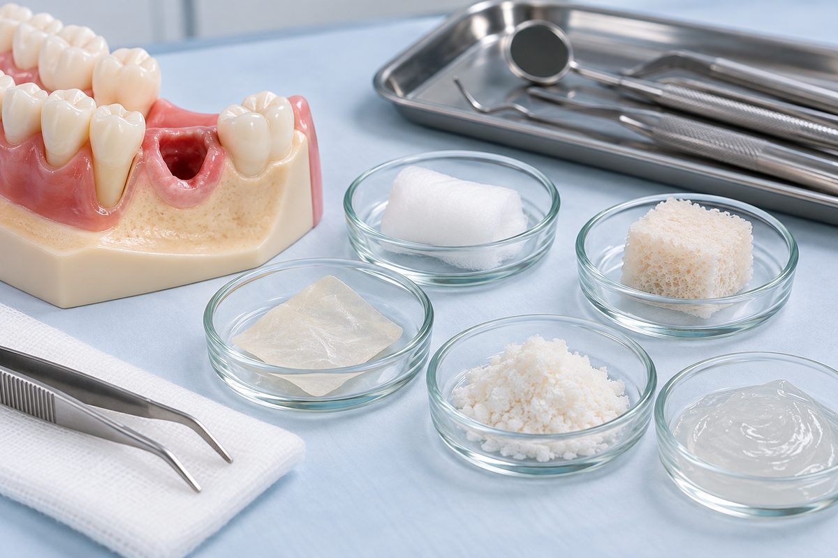 Minh họa vật liệu cầm máu sau nhổ răng, gel, bông hay spongel