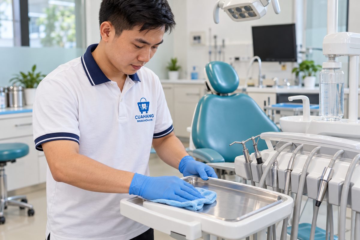 Vệ sinh khay dụng cụ và kiểm tra đường nước ghế nha khoa Nhân viên áo logo Cửa Hàng Nha Khoa lau khay dụng cụ bên cạnh bình nước sạch của ghế